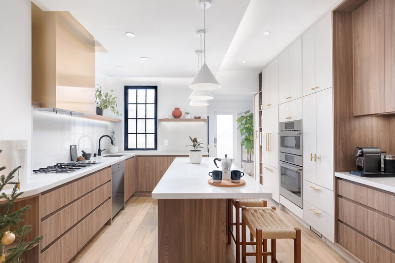 Modern Woodgrain and White Kitchen with Quartz Counter and Backsplash
