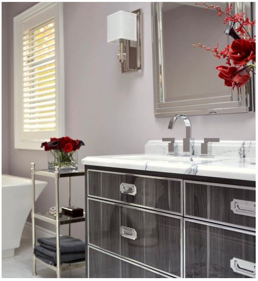 High gloss woodgrain vanity with chrome inlays